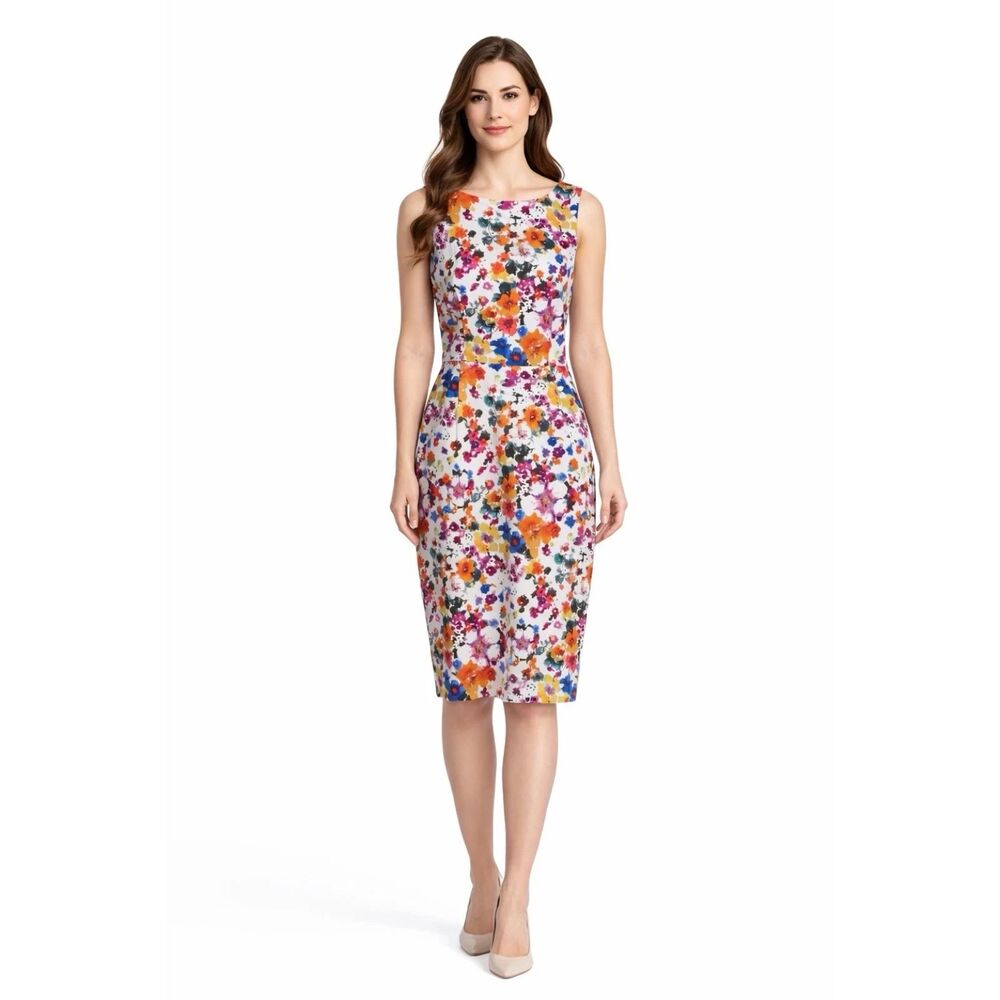 Max Mara Floral Sheath Dress Size 10 Midi Cotton Stretch Fitted Classic Italy